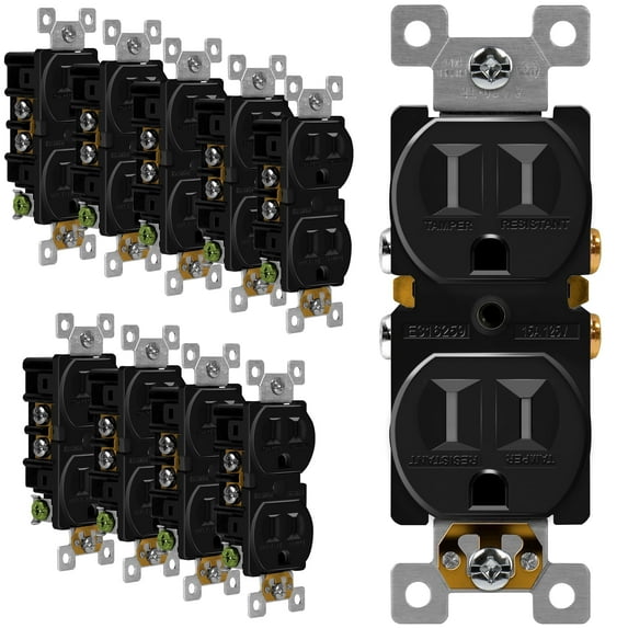 ENERLITES Tamper-Resistant Child Safe Duplex Receptacle Outlet, Residential Grade, 3-Wire, Self-Grounding, 2-Pole, 15A 125V, UL Listed, 61580-TR-BK, Black (10 Pack)