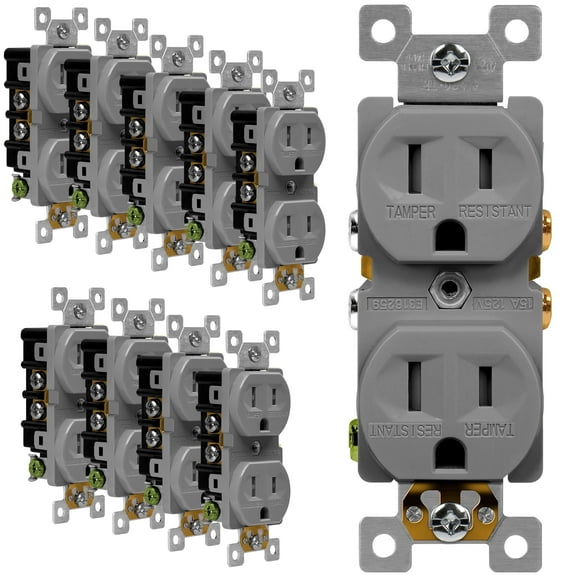 ENERLITES Tamper-Resistant Child Safe Duplex Receptacle Outlet, Residential Grade Electrical Wall Outlets, 3-Wire, Self-Grounding, 2-Pole, 15A 125V, UL Listed, 61580-TR-GY-10PCS, Gray (10 Pack)