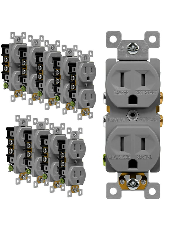 ENERLITES Tamper-Resistant Child Safe Duplex Receptacle Outlet, Residential Grade Electrical Wall Outlets, 3-Wire, Self-Grounding, 2-Pole, 15A 125V, UL Listed, 61580-TR-GY-10PCS, Gray (10 Pack)