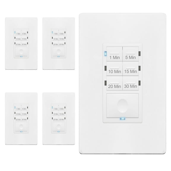 Enerlites Bathroom Timer Countdown Switch, HET06A-R | In-Wall Electrical Timer for Fans, Electrical Outlets, Indoor and Outdoor lights,with On/Off switch | White - 5 Pack