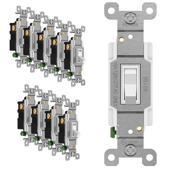 ENERLITES Toggle Light Switch, 3-Way or Single Pole, 15A 120-277V, Grounding Screw, Residential Grade, UL Listed, 83150-W-10PCS, White (10 Pack), 10 Count