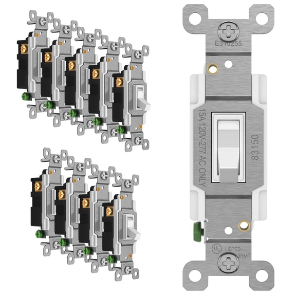 ENERLITES Toggle Light Switch, 3-Way or Single Pole, 15A 120-277V, Grounding Screw, Residential Grade, UL Listed, 83150-W-10PCS, White (10 Pack), 10 Count