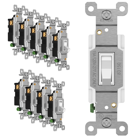 ENERLITES Toggle Light Switch, 3-Way or Single Pole, 15A 120-277V, Grounding Screw, Residential Grade, UL Listed, 83150-W-10PCS, White (10 Pack), 10 Count