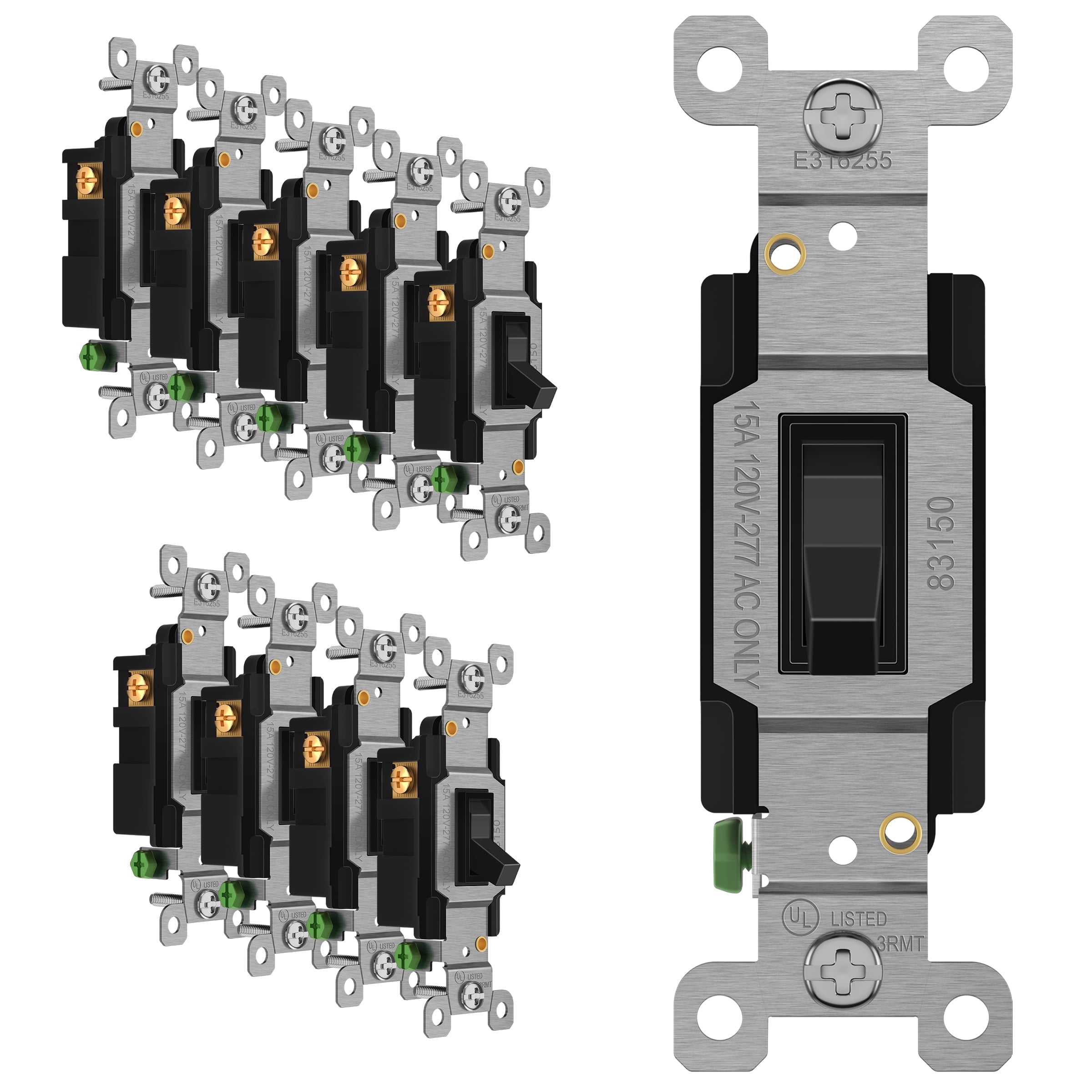 ENERLITES Toggle Light Switch, 3-Way or Single Pole, 15A 120-277V, Grounding Screw, Residential Grade, UL Listed, 83150-BK-10PCS, Black (10 Pack)