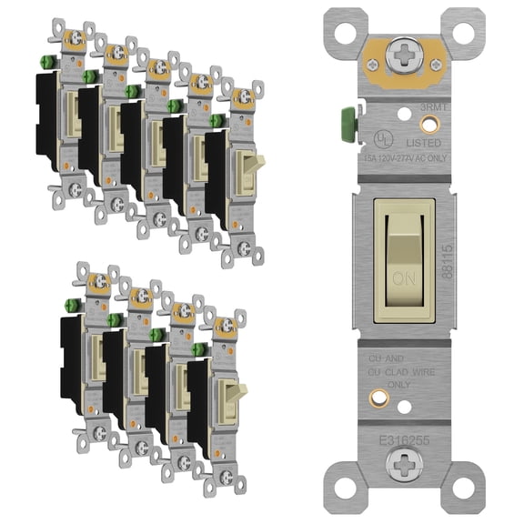 ENERLITES Toggle Light Switch, Single Pole, 15A 120-277V, Grounding Screw, Residential Grade, UL Listed, 88115-I-10PCS, Ivory (10 Pack), 10 Count