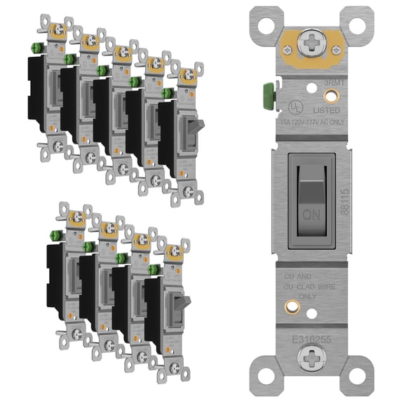 ENERLITES Toggle Light Switch, Single Pole, 15A 120-277V, Grounding Screw, Residential Grade, UL Listed, Gray (10 Pack)