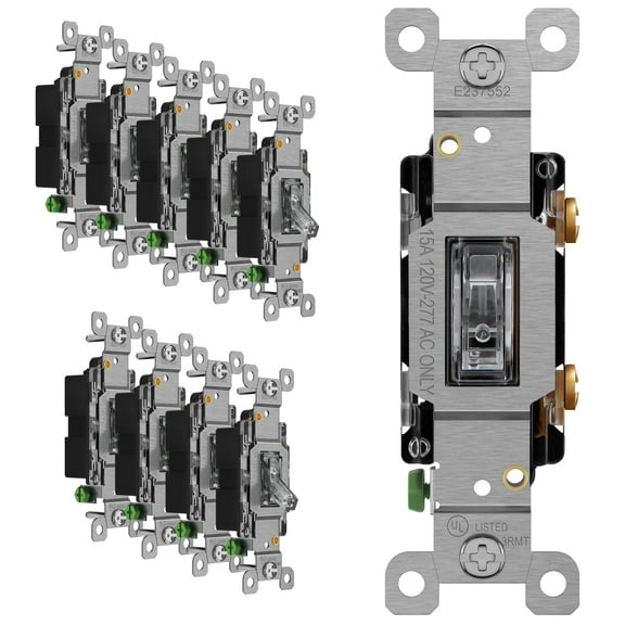 ENERLITES Toggle Lighted Switch, 15A 120-277VAC, Grounding Screw, Single Pole, Residential Grade, UL Listed, 88115L-C-10PCS, (10 Pack), Illuminated-Clear, 10 Count