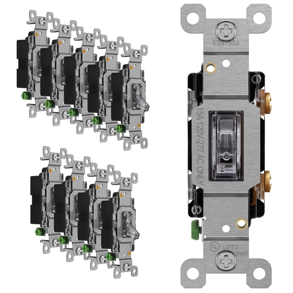 ENERLITES Toggle Lighted Switch, 15A 120-277VAC, Grounding Screw, Single Pole, Residential Grade, UL Listed, 88115L-C-10PCS, (10 Pack), Illuminated-Clear, 10 Count