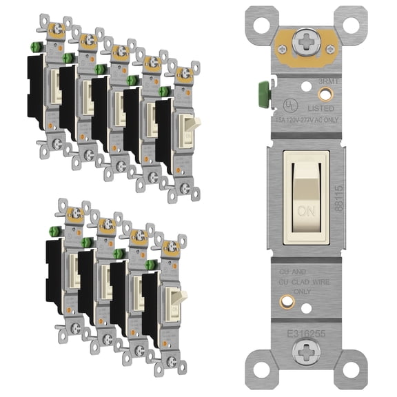 ENERLITES Toggle Switch, Single Pole, 15A 120-277V, Grounding Screw, Residential Grade, UL Listed, 88115-LA-10PCS, Light Almond (10 Pack), 10 Count