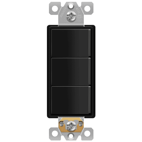 ENERLITES Triple Paddle Rocker Combination Decorator Switch, Gloss Finish, Ground Terminal, Side Wiring, Copper Only, Single Pole, 15A 120V-277V, Black