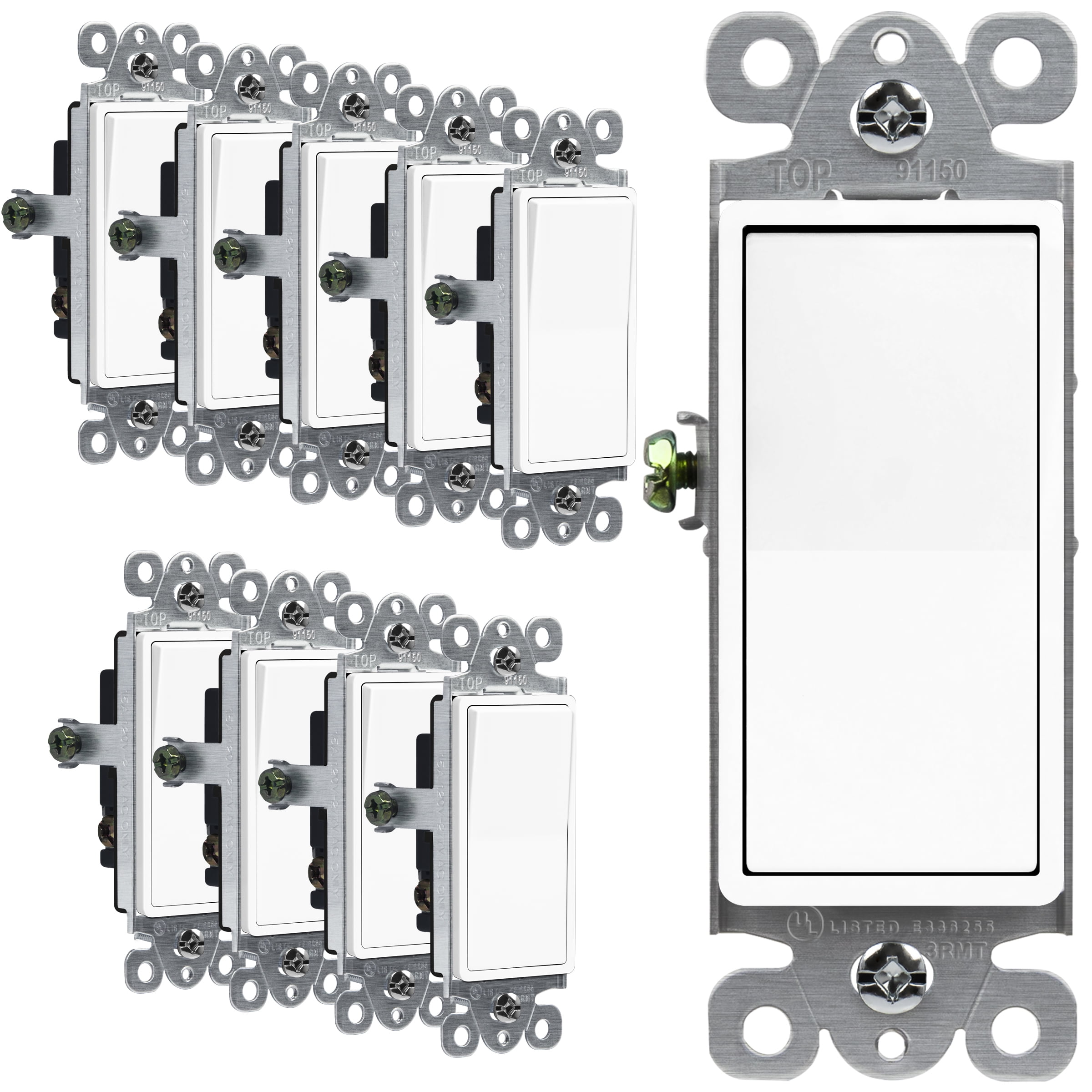 ENERLITES Decorator Rocker Light Switch, Single Pole, 3 Wire, Grounding Screw, 15A 120V/277V, UL Listed, White, 91150-W-10PCS (10 Pack)