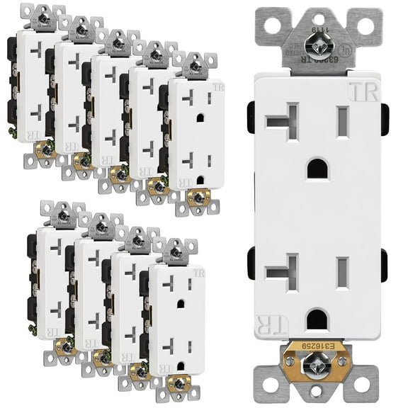 ENERLITES, White Industrial Grade Decorator Outlet, 20A 125V, Tamper-Resistant Duplex Receptacle, Self, 5-20R, 2-Pole, 3-Wire Grounding, UL Listed, 63200-TR, (10 Pack), 10 Count
