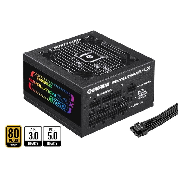 ENERMAX Revolution D.F. X 1200W Full Modular, 80 Plus Gold, ATX 3.0 & PCIe 5.0 Ready, Native 600W 12VHPWR Connector, Industrial- Grade 100% Japanese Capacitors, ARGB Side Panel Power Supply