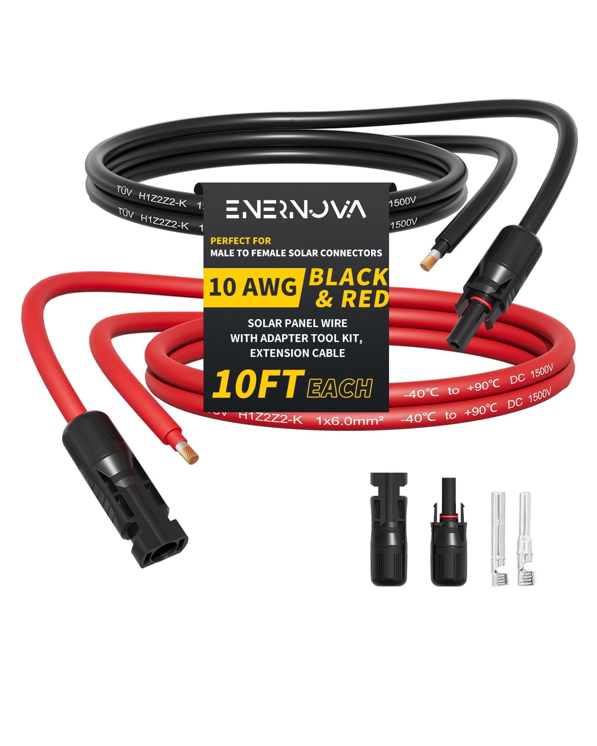ENERNOVA 10AWG 10FT Solar Extension Cable (10FeeT Black + 10FeeT Red) Male to Female Solar Panel Wire, 10 Gauge Pure Copper Extension Cord for Home, Ship and RV Solar Panels