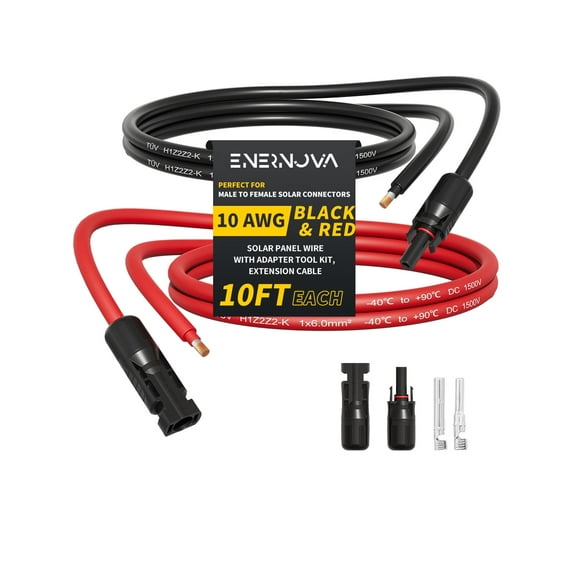 ENERNOVA 10AWG 10FT Solar Extension Cable (10FeeT Black + 10FeeT Red) Male to Female Solar Panel Wire, 10 Gauge Pure Copper Extension Cord for Home, Ship and RV Solar Panels