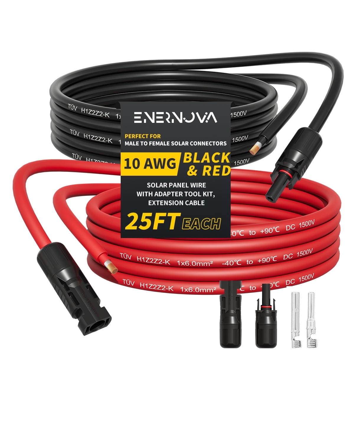 ENERNOVA 10AWG 25FT Solar Extension Cable (25FeeT Black + 25FeeT Red) Male to Female Solar Panel Wire, 10 Gauge Pure Copper Extension Cord for Home, Ship and RV Solar Panels