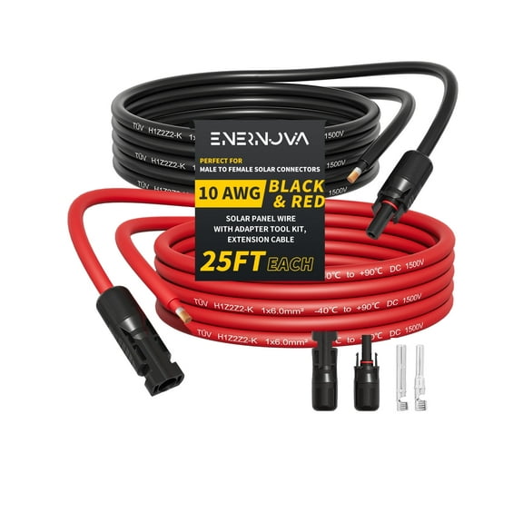 ENERNOVA 10AWG 25FT Solar Extension Cable (25FeeT Black + 25FeeT Red) Male to Female Solar Panel Wire, 10 Gauge Pure Copper Extension Cord for Home, Ship and RV Solar Panels