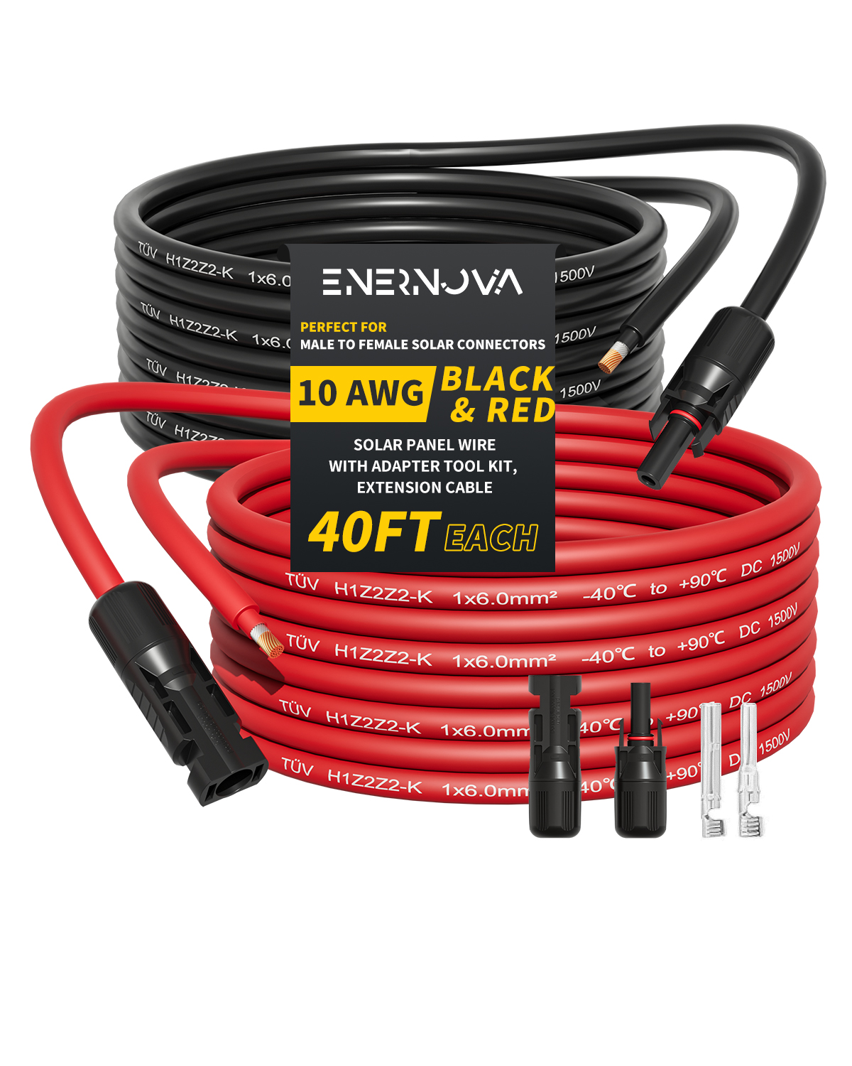 ENERNOVA 10AWG 40FT Solar Extension Cable (40FeeT Black + 40FeeT Red) Male to Female Solar Panel Wire, 10 Gauge Pure Copper Extension Cord for Home, Ship and RV Solar Panels