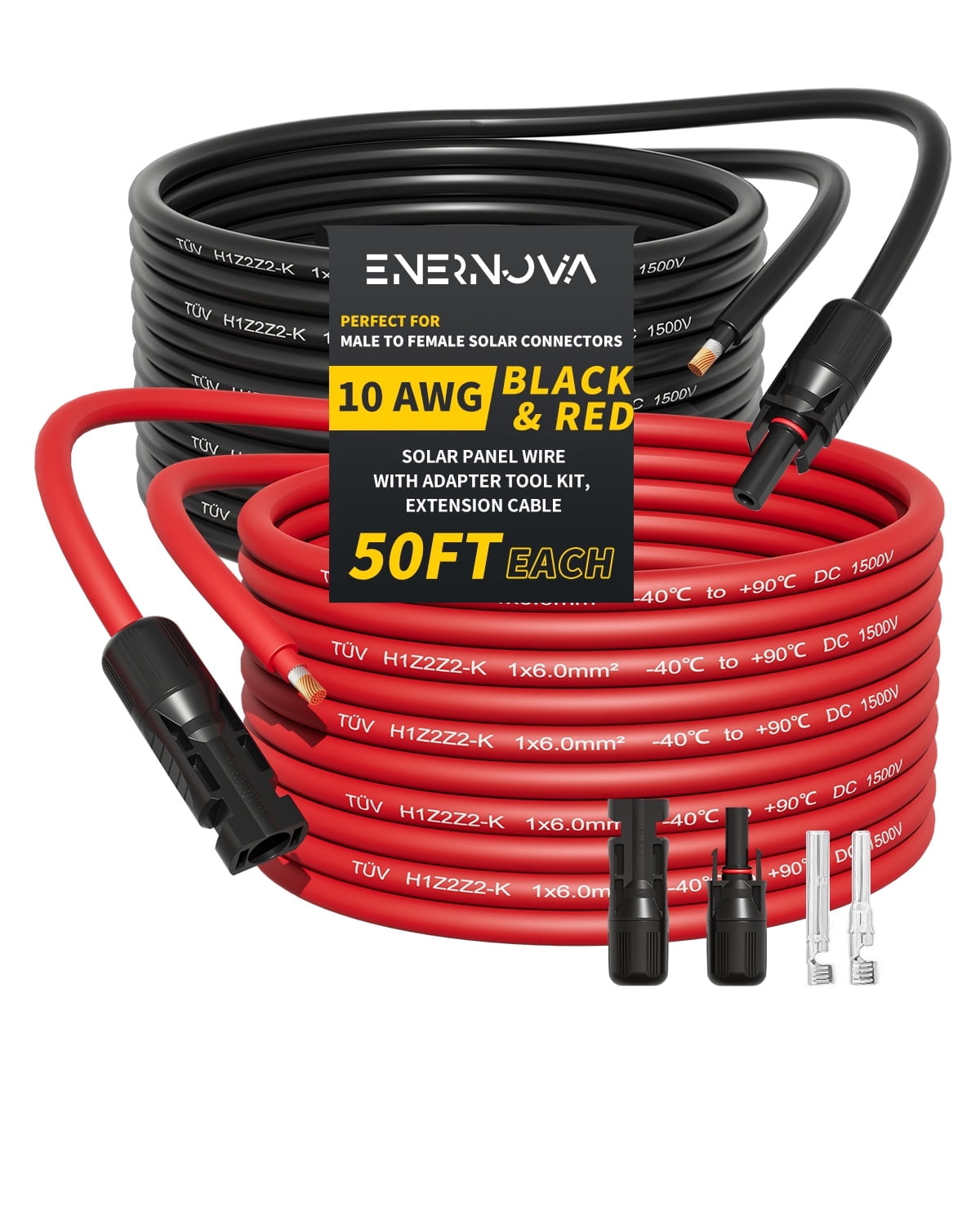 ENERNOVA 10AWG 50FT Solar Extension Cable (50Feet Black + 50Feet Red) Male to Female Solar Panel Wire, 10 Gauge Pure Copper Extension Cord for Home, Ship and RV Solar Panels