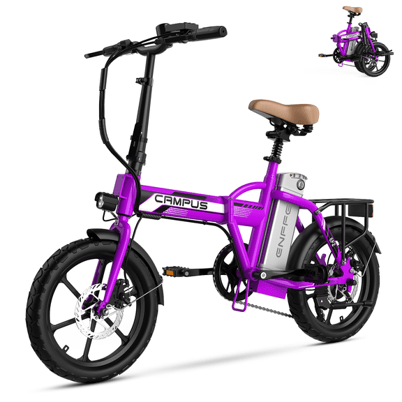 ENFFE Campus Foldable Electric Bike for Adults, 500W Motor, 486Wh Removable Battery, 40 Mile Range, 20 MPH, 16 Inch Fat Tires, UL 2849, Purple