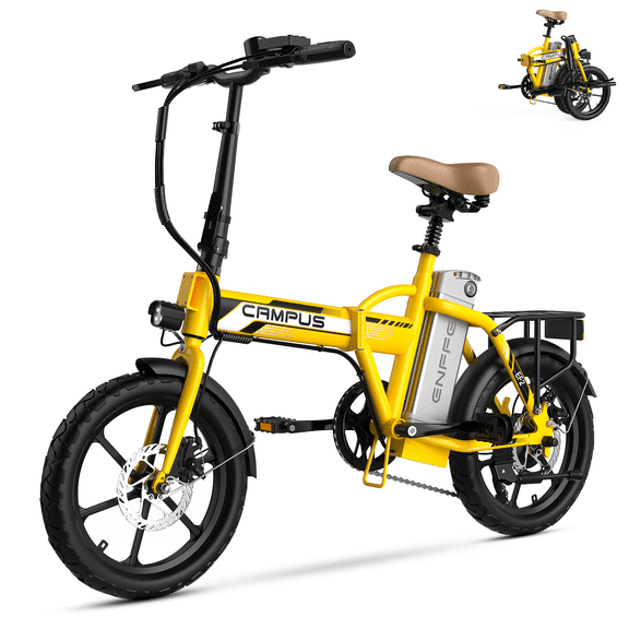 ENFFE Campus Foldable Electric Bike for Adults, 500W Motor, 486Wh Removable Battery, 40 Mile Range, 20 MPH, 16 Inch Fat Tires, UL 2849, Yellow