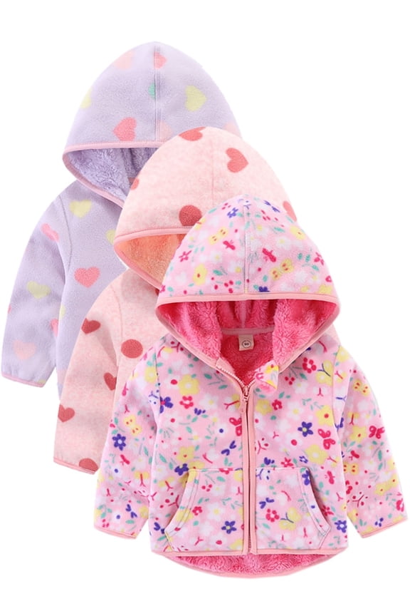 1-6T Toddler Polar Fleece Jacket Hooded Baby Girls Autumn Winter Long Sleeve Thick Warm Outerwear - 1 Piece Pink Flowers