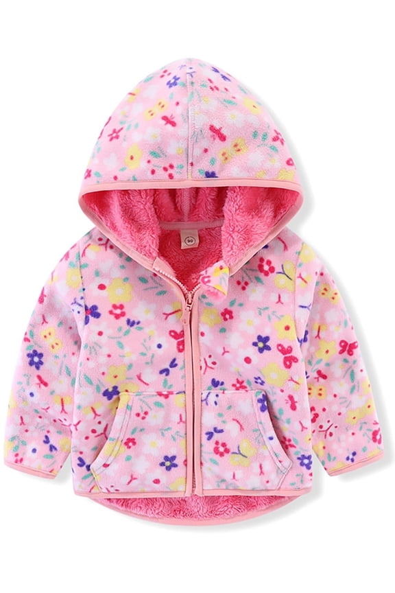 1-6T Toddler Polar Fleece Jacket Hooded Baby Girls Autumn Winter Long Sleeve Thick Warm Outerwear - Pink Flowers