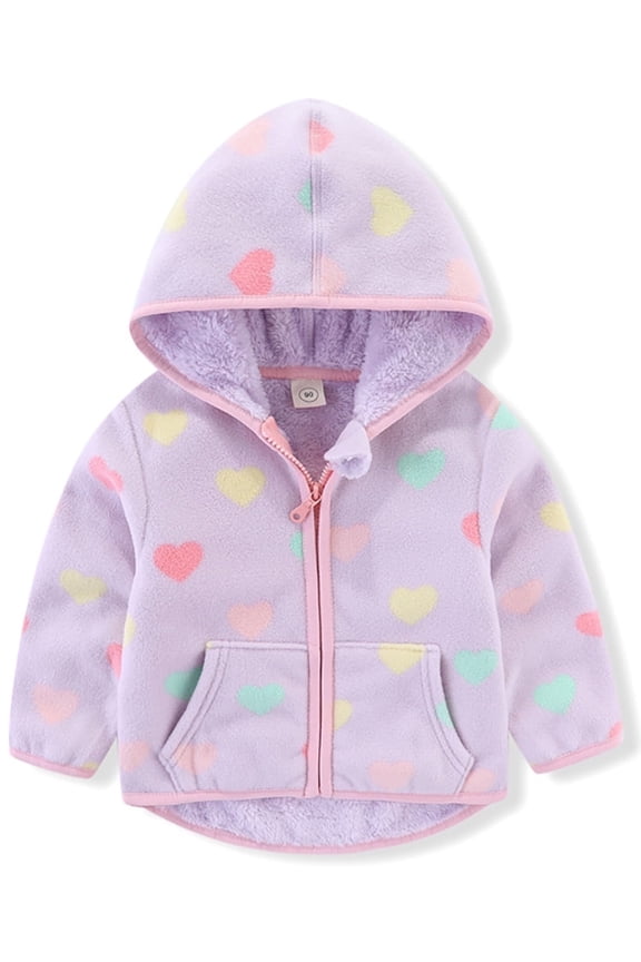 1-6T Toddler Polar Fleece Jacket Hooded Baby Girls Autumn Winter Long Sleeve Thick Warm Outerwear - Purple Love Heart