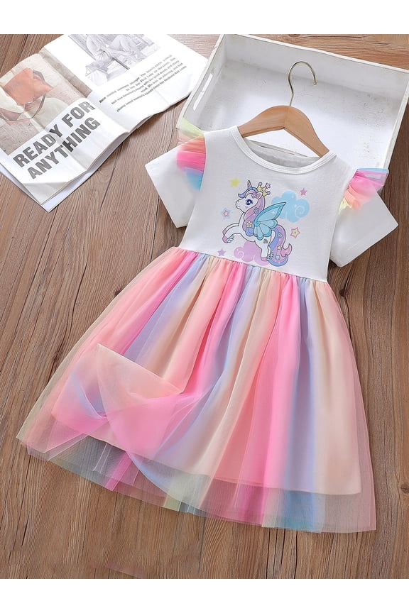 1-8Y Flower Girls Dress Unicorn Rainbow Pageant Princess Party Tutu Dresses for Kids