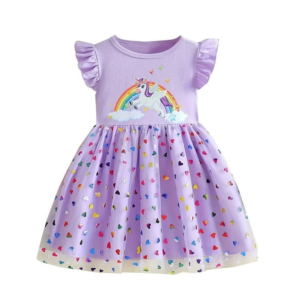 ATAIKU 1-8Y Little Girls Unicorn Tulle Tutu Dress Kids Fluffy Sleeve Princess Summer Dress