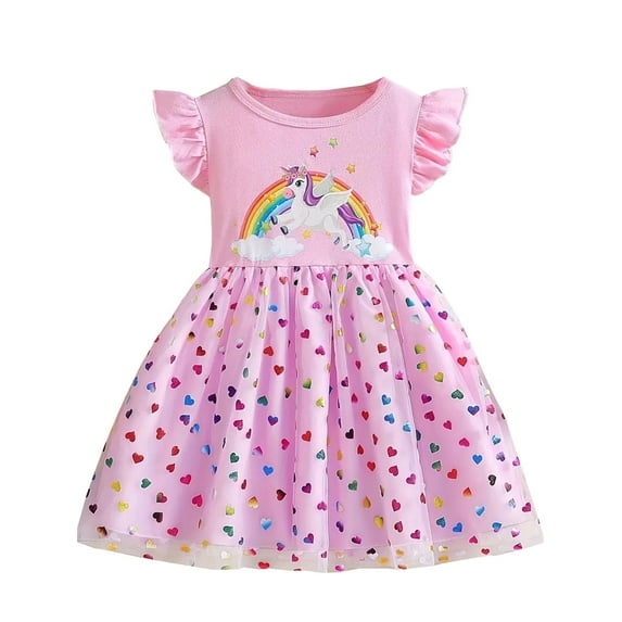 ATAIKU 1-8Y Little Girls Unicorn Tulle Tutu Dress Kids Fluffy Sleeve Princess Summer Dress