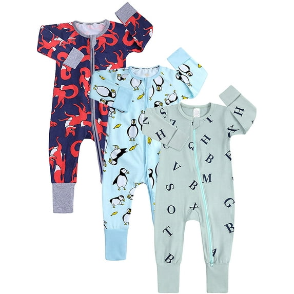 ATAIKU 1PCS Baby Boys Zipper Footless Pajamas Cotton Long Sleeve Footed Romper with Mittens Sleep 'N Play
