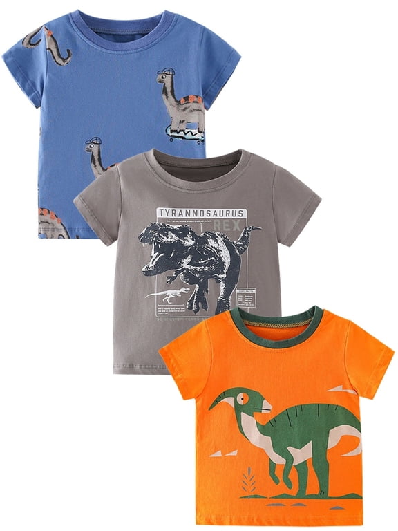 2-7 Years Boys 100% Cotton Casual T Shirts Dinosaur Graphic Short Sleeve Tee Shirt, 3 Pack