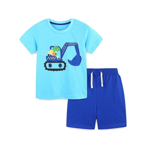 ATAIKU 2-7T Boys 2-Piece Summer Pajamas Set T-shirt + Shorts 100% Cotton Pjs for Toddler - Excavator