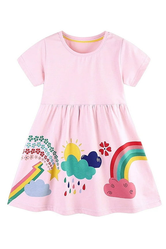2-7T Toddler and Little Girls Cotton Casual Dress Rainbow Print Short Sleeve Dresses