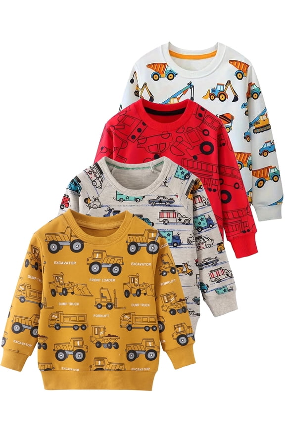 2-7Y Kids Boys French Terry Sweatshirts Construction Vehicle Novelty Crewneck Pullover Cotton Tops