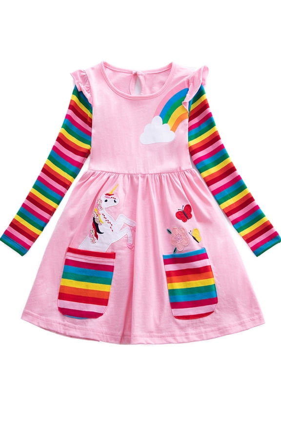 2-8T Girl Ruffle Long Sleeve Dress Child Cartoon Rainbow Cotton Casual Pleated Twirly Dress