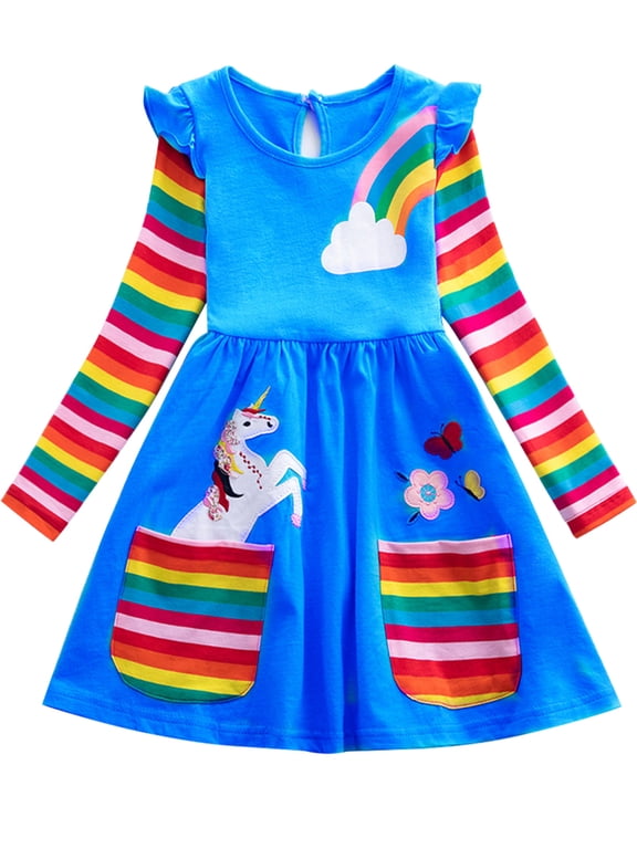 2-8T Girl Ruffle Long Sleeve Dress Child Cartoon Rainbow Cotton Casual Pleated Twirly Dress