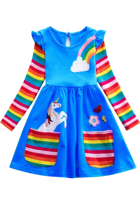 2-8T Girl Ruffle Long Sleeve Dress Child Cartoon Rainbow Cotton Casual Pleated Twirly Dress