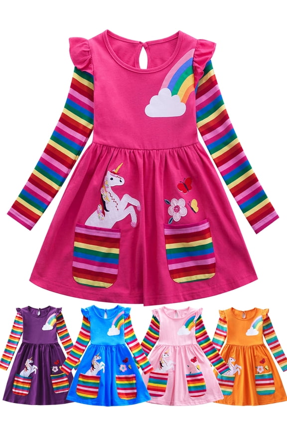 2-8T Girl Ruffle Long Sleeve Dress Child Cartoon Rainbow Cotton Casual Pleated Twirly Dress