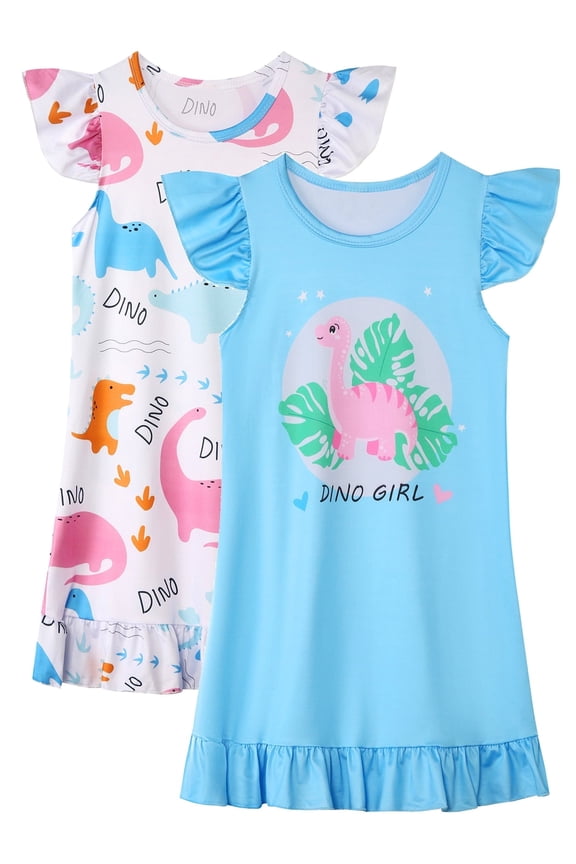2-Pack Girls Nightgowns 3-10Y Dinosaur Sleepwear Night Sleep Dress Pajamas Little Kids Toddler Soft Nightgown