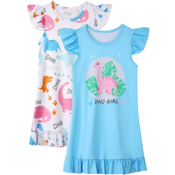 ATAIKU 2-Pack Girls Nightgowns 3-10Y Dinosaur Sleepwear Night Sleep Dress Pajamas Little Kids Toddler Soft Nightgown