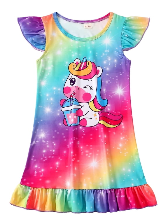 3-10Y Girls Nightgowns Unicorn Sleepwear Night Sleep Dress Pajamas Little Kids Toddler Soft Nightgown