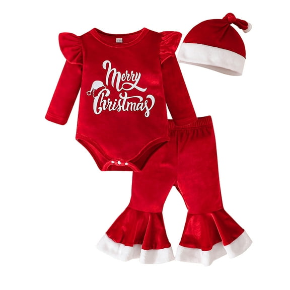 ENFLASH 3-24M Newborn Baby Girl Christmas Outfits Toddler Santa Long Sleeve Romper Pants Hat Clothes Set, Xmas Red