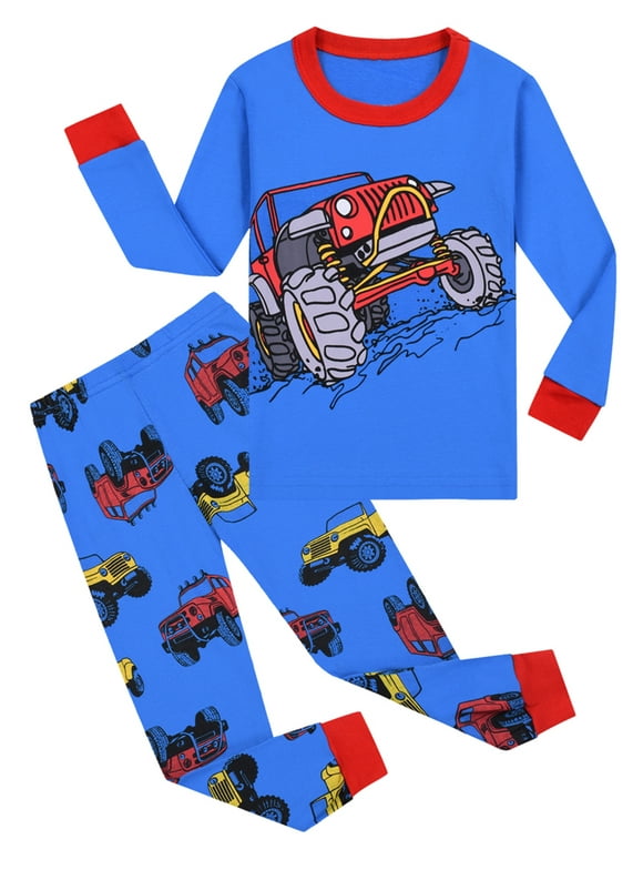 ENFLASH 3-8T Toddler Boys Long Sleeve Top and Pants Snug Fit 100% Cotton 2 Piece Pajama Sets Truck 7T