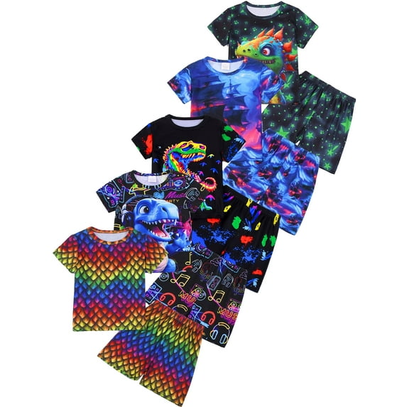 ATAIKU 3D Printed Boys Summer Pajamas Set Kids 2-Piece PJs Tee and Shorts Jammies Set 3-12Y - Dinosaur