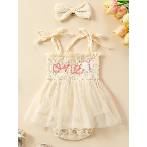 ENFLASH Baby Girl 1st Birthday Outfit One Year Old Straps Tulle Romper Summer Sleeveless Tutu Dresses with Headband 12-18 Months