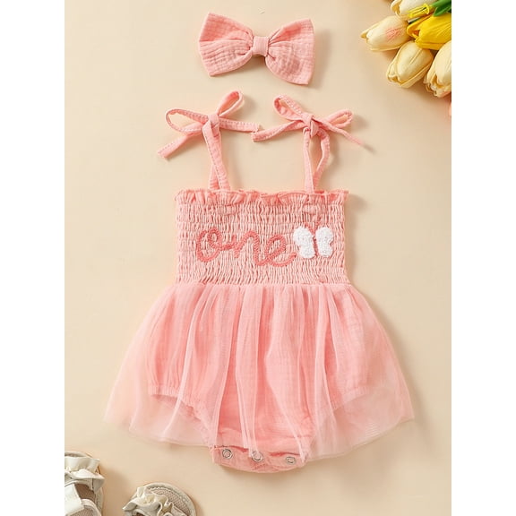 ENFLASH Baby Girl 1st Birthday Outfit One Year Old Straps Tulle Romper Summer Sleeveless Tutu Dresses with Headband 12-18 Months