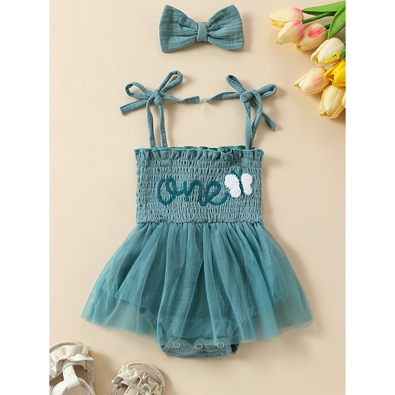 ENFLASH Baby Girl 1st Birthday Outfit One Year Old Straps Tulle Romper Summer Sleeveless Tutu Dresses with Headband 9-12 Months