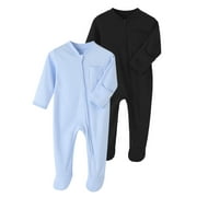 ENFLASH Baby Girl Boy Snug Fit 100% Cotton Zip Front One Piece Footed Pajamas with Mitten Cuffs 2-Pack